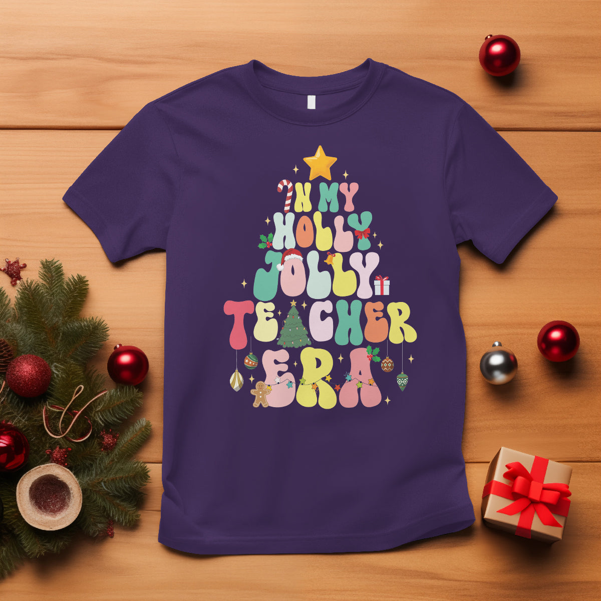 in-my-holly-jolly-teacher-era-xmas-groovy-christmas-tree-t-shirt