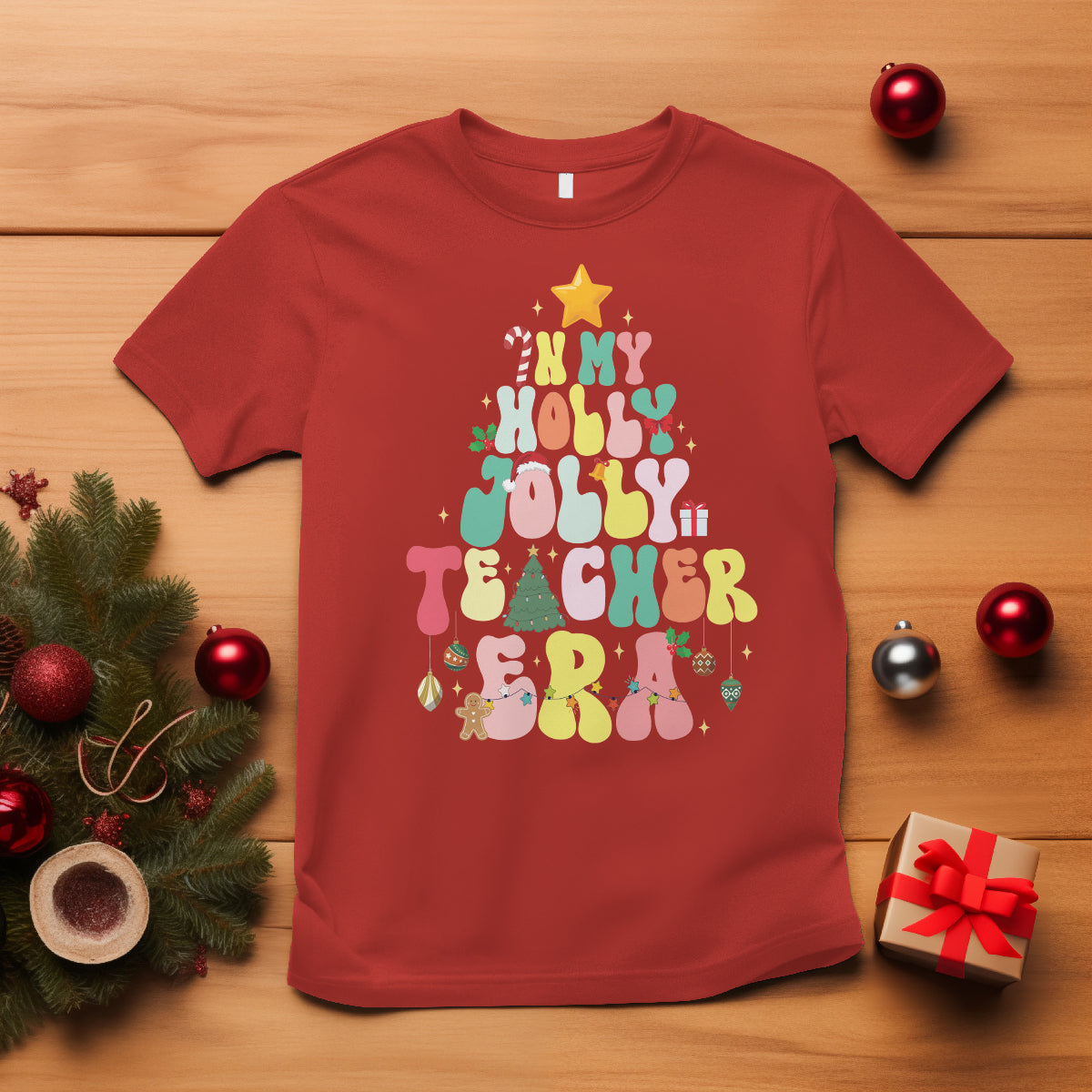 in-my-holly-jolly-teacher-era-xmas-groovy-christmas-tree-t-shirt