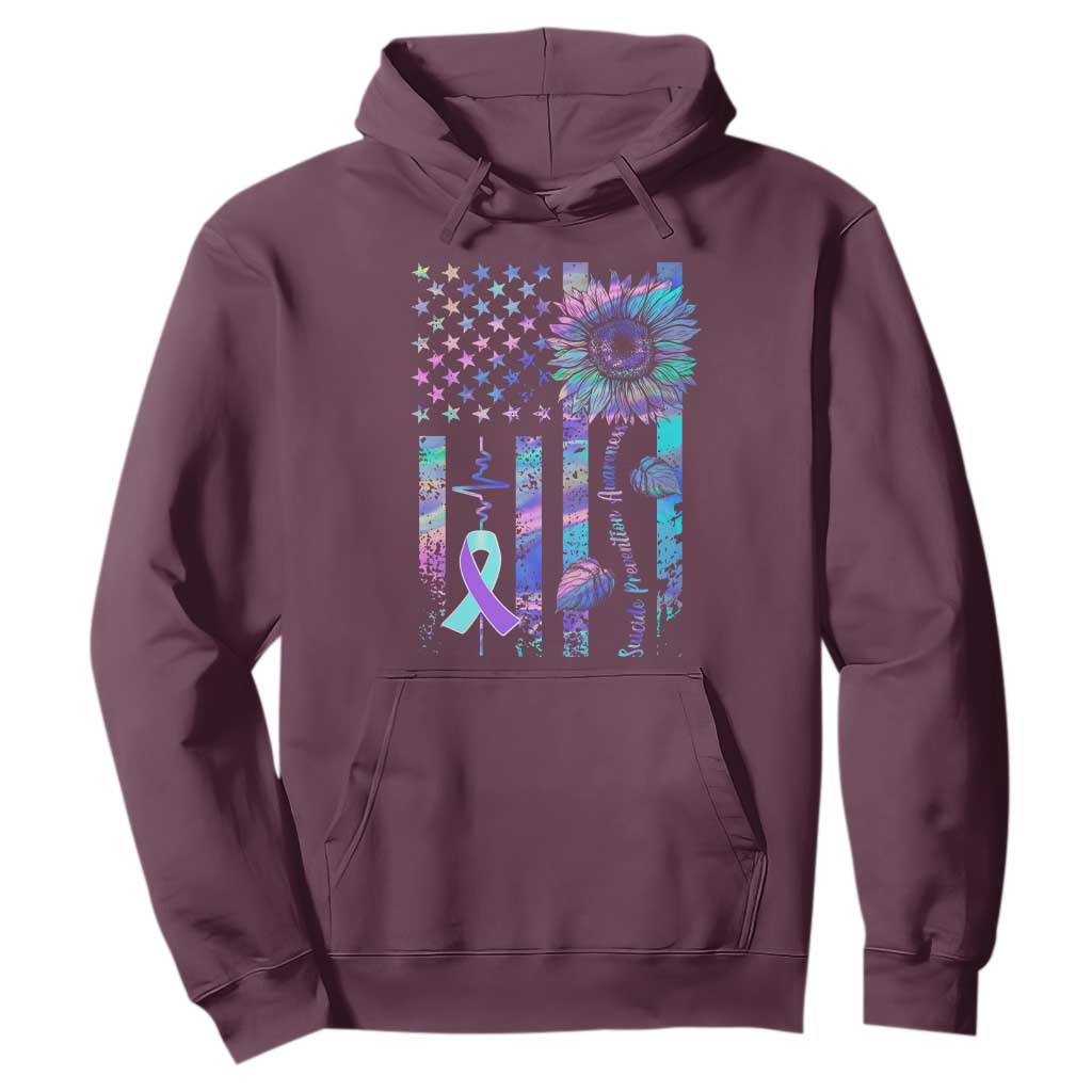 Suicide Prevention Support Hoodie Support Squad Teal And Purple American Flag Sunflower