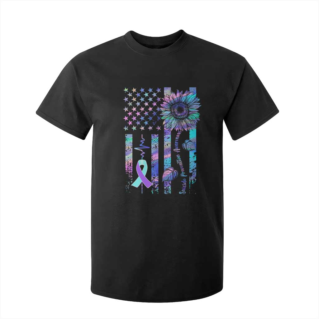 Suicide Prevention Support T Shirt For Kid Support Squad Teal And Purple American Flag Sunflower
