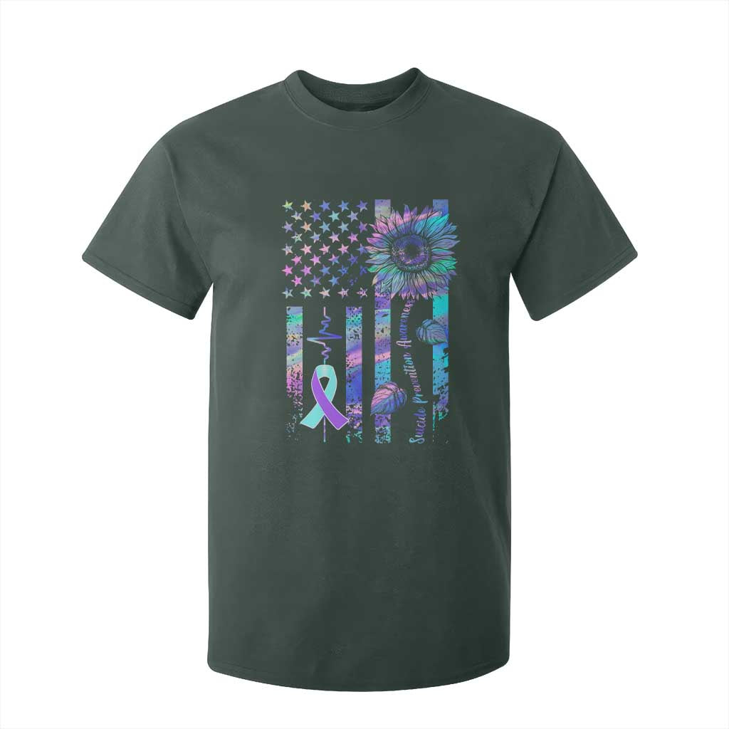 Suicide Prevention Support T Shirt For Kid Support Squad Teal And Purple American Flag Sunflower