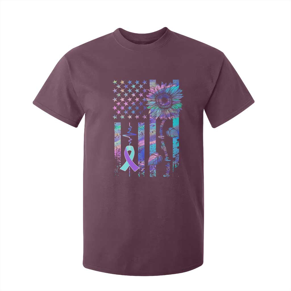 Suicide Prevention Support T Shirt For Kid Support Squad Teal And Purple American Flag Sunflower