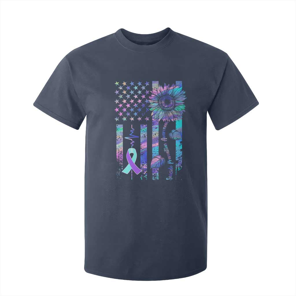Suicide Prevention Support T Shirt For Kid Support Squad Teal And Purple American Flag Sunflower