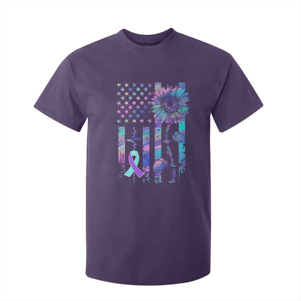 Suicide Prevention Support T Shirt For Kid Support Squad Teal And Purple American Flag Sunflower