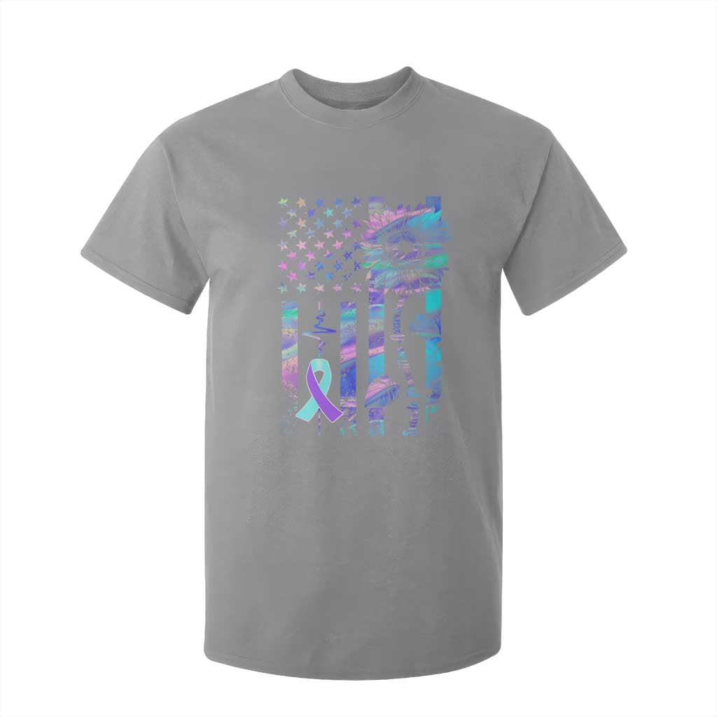 Suicide Prevention Support T Shirt For Kid Support Squad Teal And Purple American Flag Sunflower