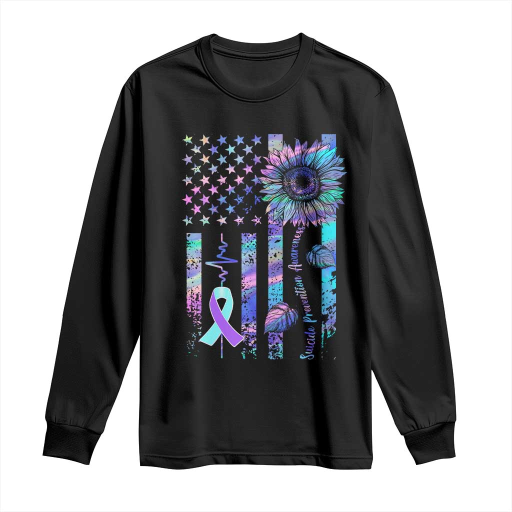 Suicide Prevention Support Long Sleeve Shirt Support Squad Teal And Purple American Flag Sunflower