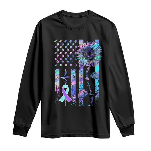 Suicide Prevention Support Long Sleeve Shirt Support Squad Teal And Purple American Flag Sunflower