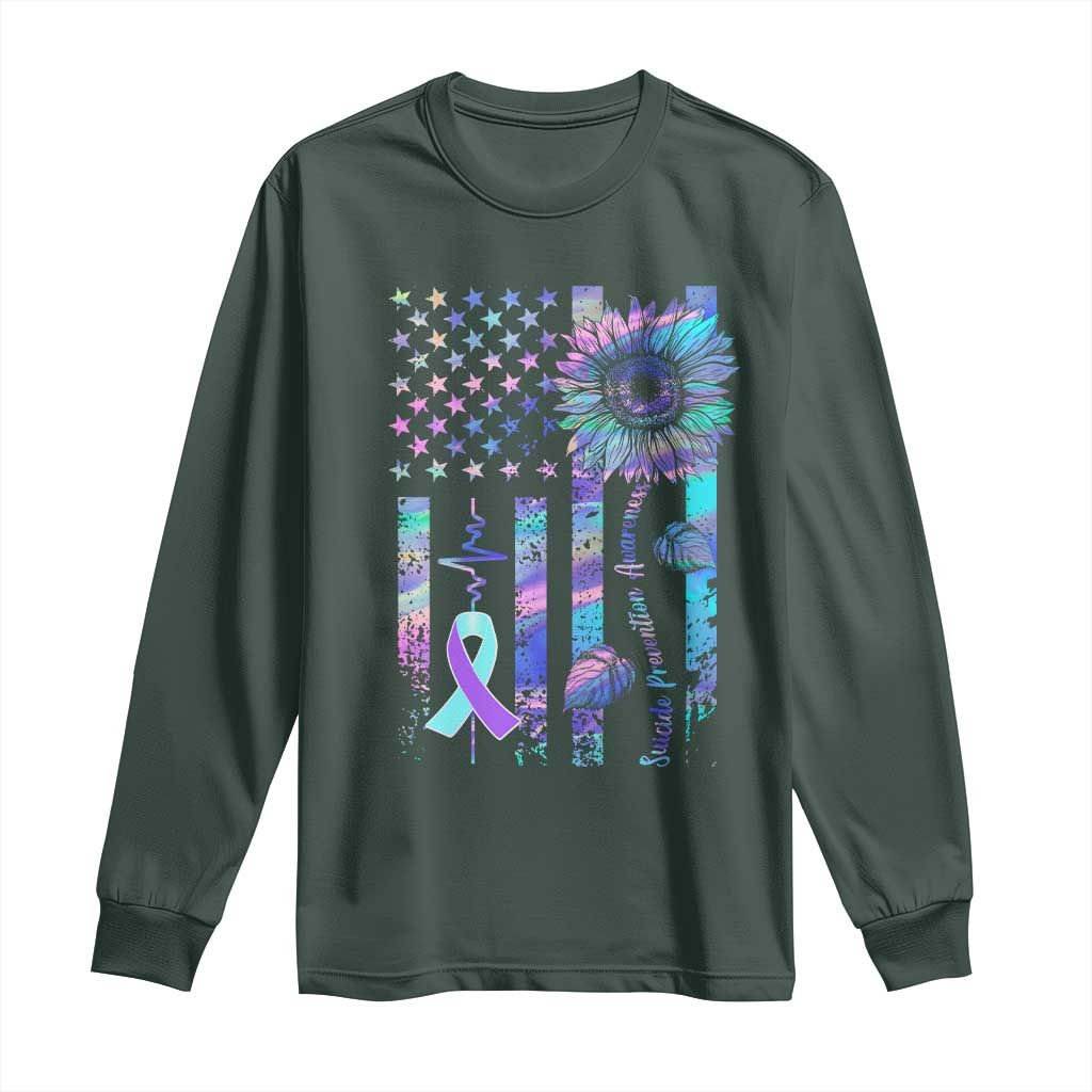 Suicide Prevention Support Long Sleeve Shirt Support Squad Teal And Purple American Flag Sunflower