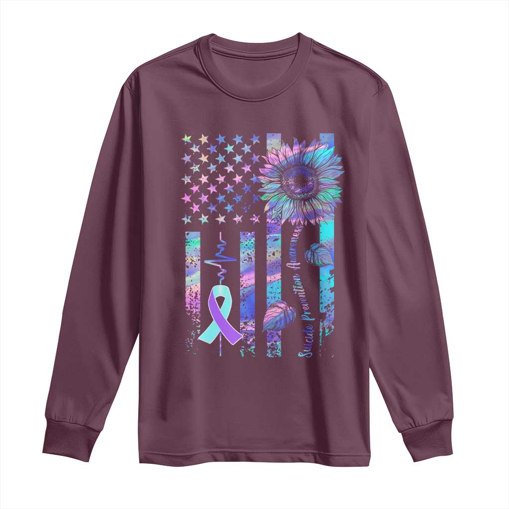 Suicide Prevention Support Long Sleeve Shirt Support Squad Teal And Purple American Flag Sunflower
