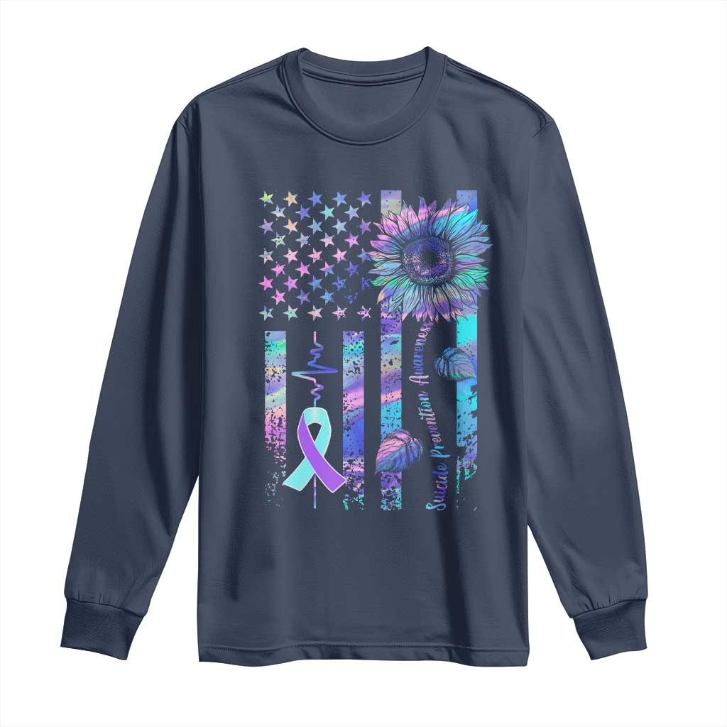 Suicide Prevention Support Long Sleeve Shirt Support Squad Teal And Purple American Flag Sunflower