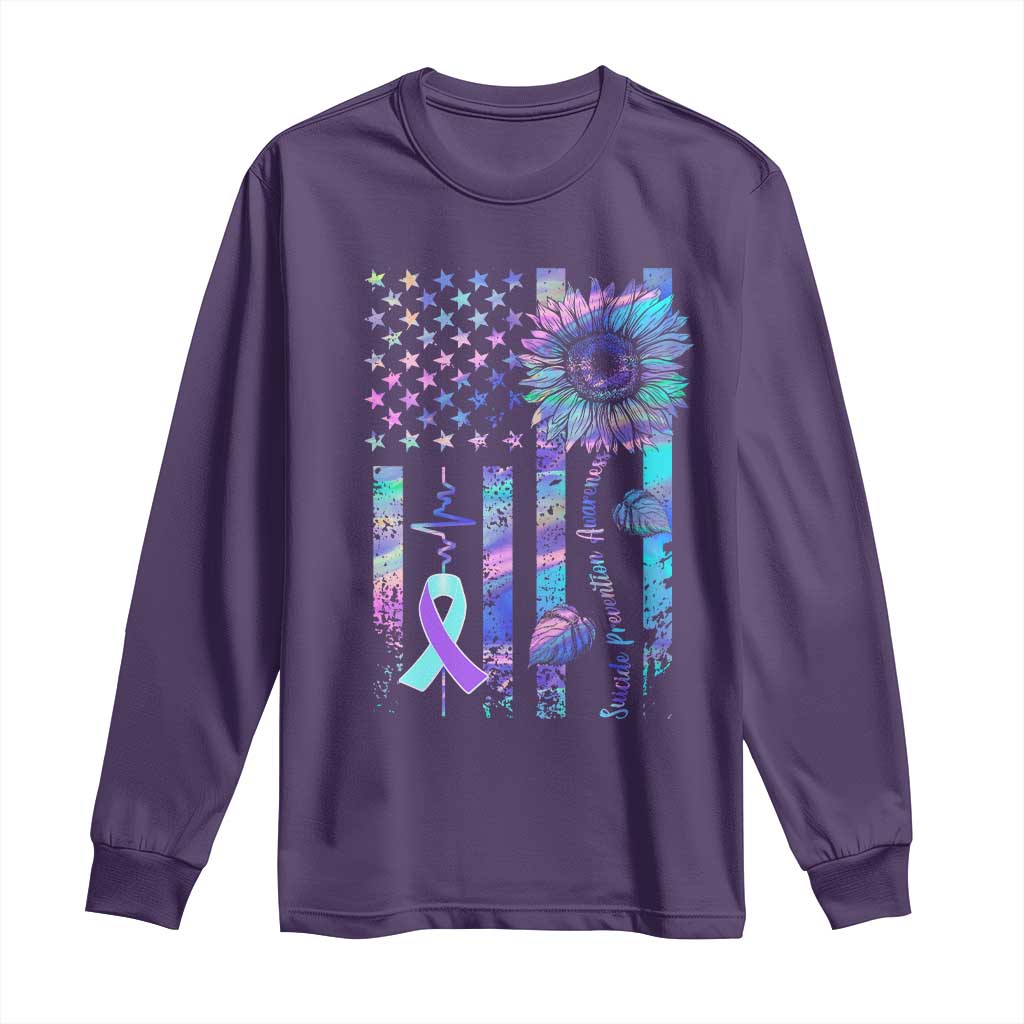 Suicide Prevention Support Long Sleeve Shirt Support Squad Teal And Purple American Flag Sunflower
