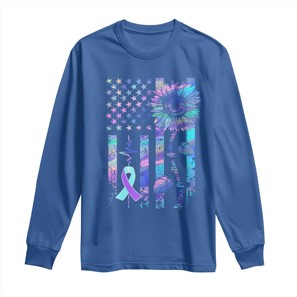 Suicide Prevention Support Long Sleeve Shirt Support Squad Teal And Purple American Flag Sunflower