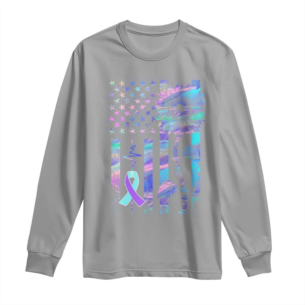 Suicide Prevention Support Long Sleeve Shirt Support Squad Teal And Purple American Flag Sunflower