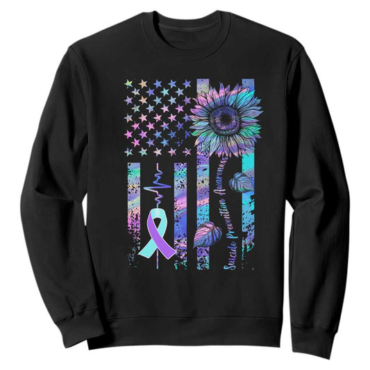 Suicide Prevention Support Sweatshirt Support Squad Teal And Purple American Flag Sunflower