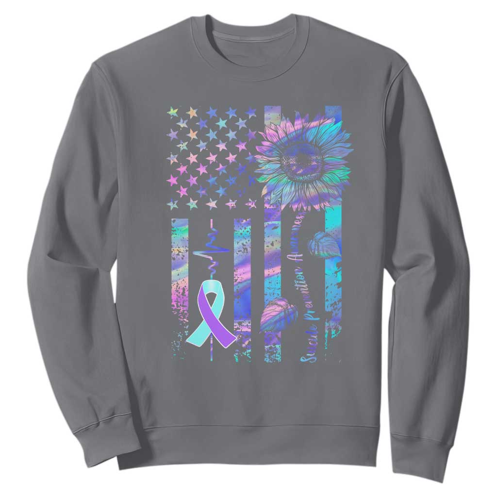 Suicide Prevention Support Sweatshirt Support Squad Teal And Purple American Flag Sunflower