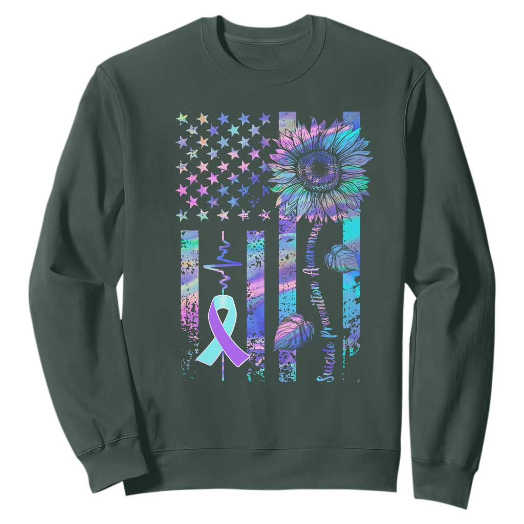 Suicide Prevention Support Sweatshirt Support Squad Teal And Purple American Flag Sunflower
