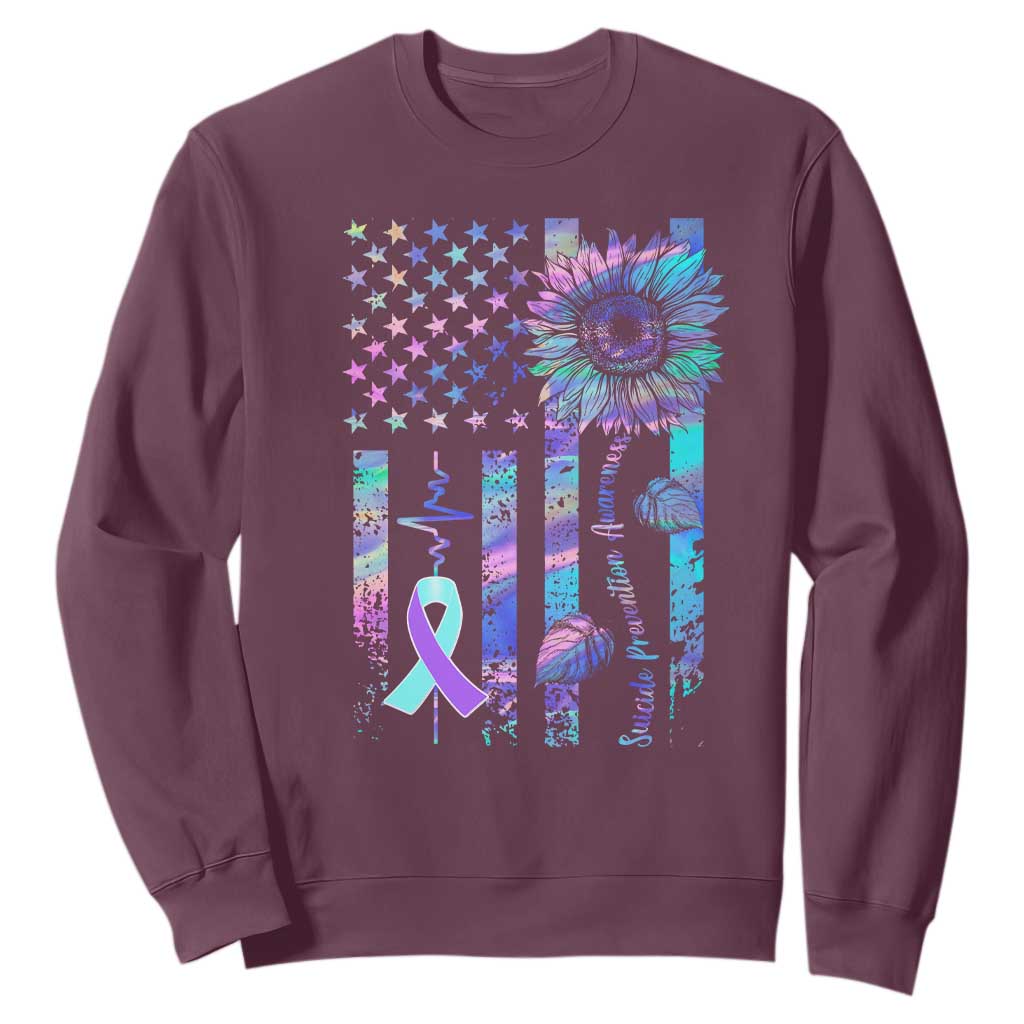 Suicide Prevention Support Sweatshirt Support Squad Teal And Purple American Flag Sunflower