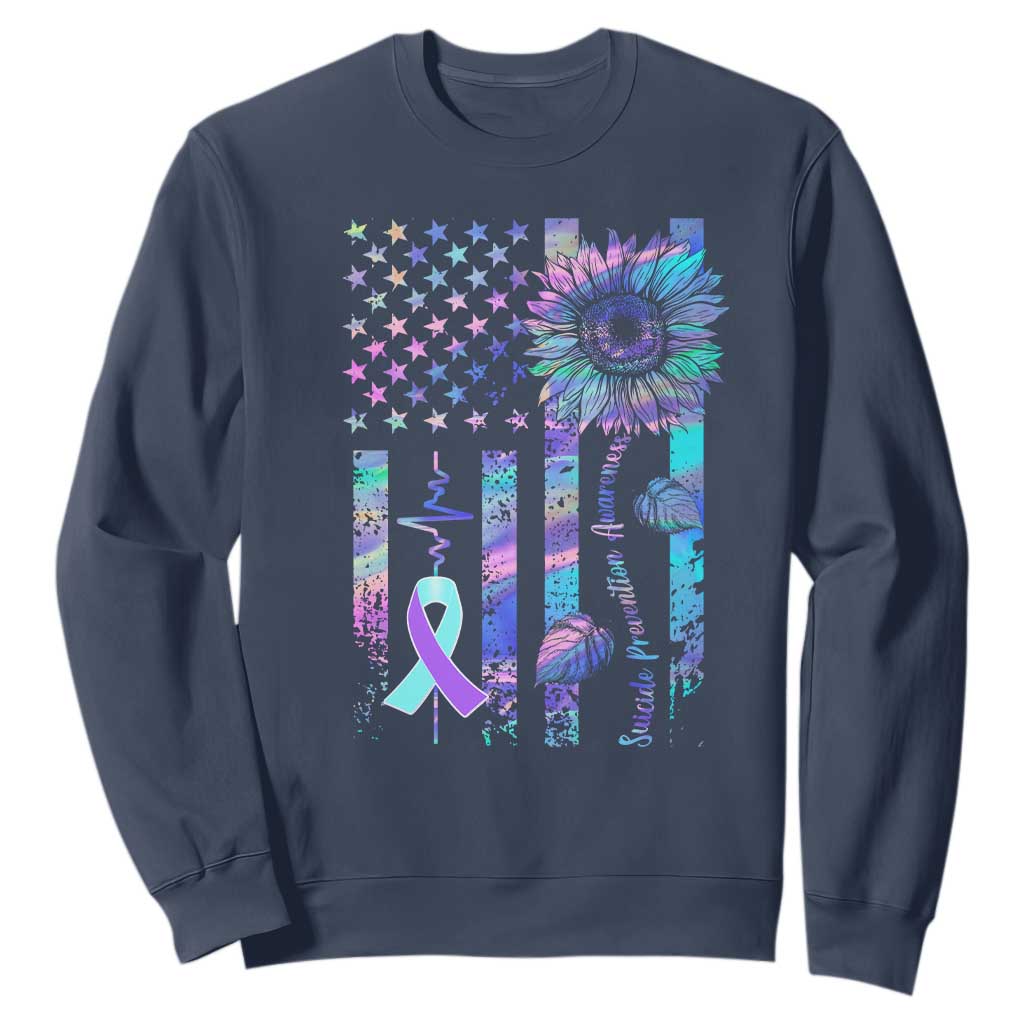 Suicide Prevention Support Sweatshirt Support Squad Teal And Purple American Flag Sunflower