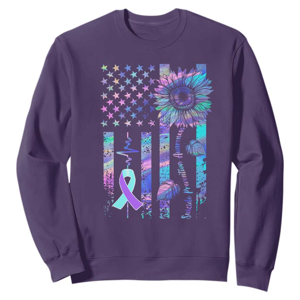 Suicide Prevention Support Sweatshirt Support Squad Teal And Purple American Flag Sunflower