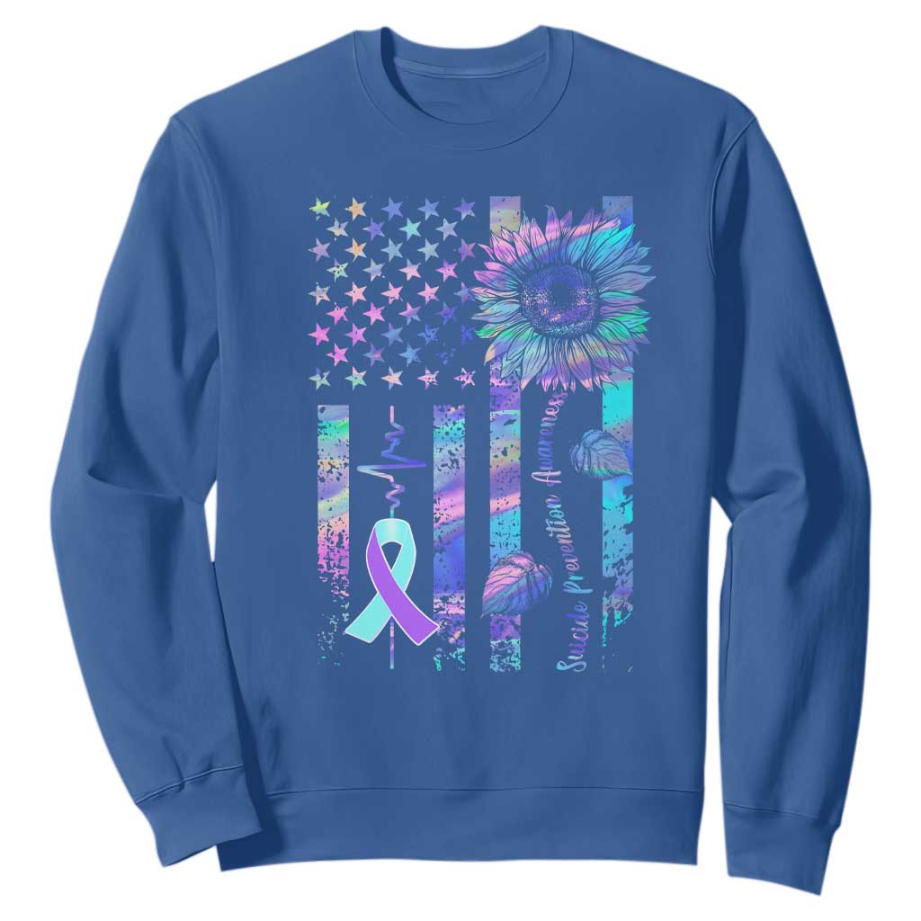 Suicide Prevention Support Sweatshirt Support Squad Teal And Purple American Flag Sunflower