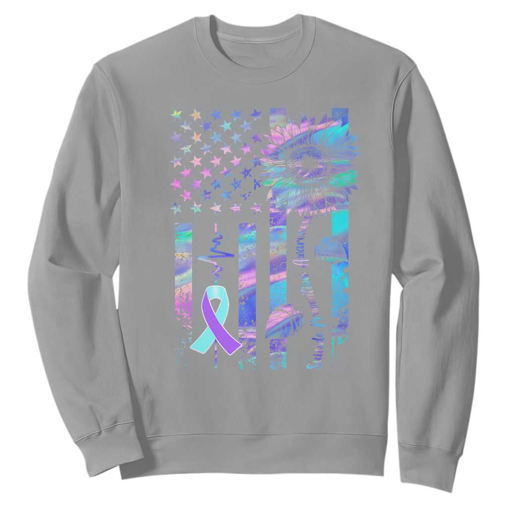 Suicide Prevention Support Sweatshirt Support Squad Teal And Purple American Flag Sunflower