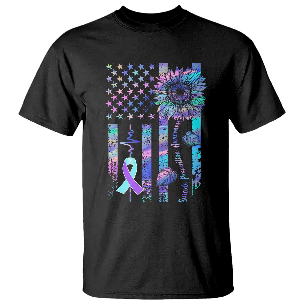 Suicide Prevention Support T Shirt Support Squad Teal And Purple American Flag Sunflower
