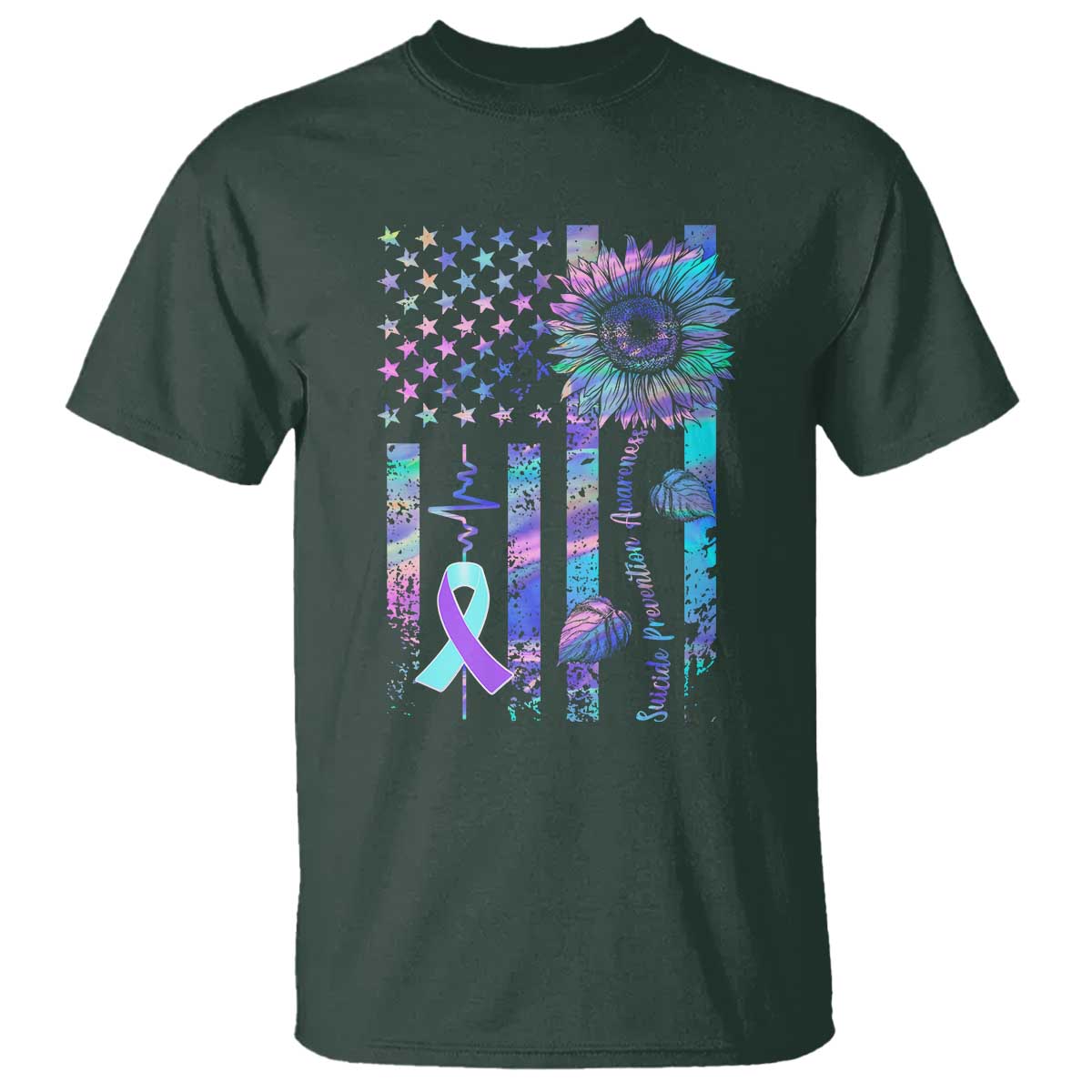 Suicide Prevention Support T Shirt Support Squad Teal And Purple American Flag Sunflower