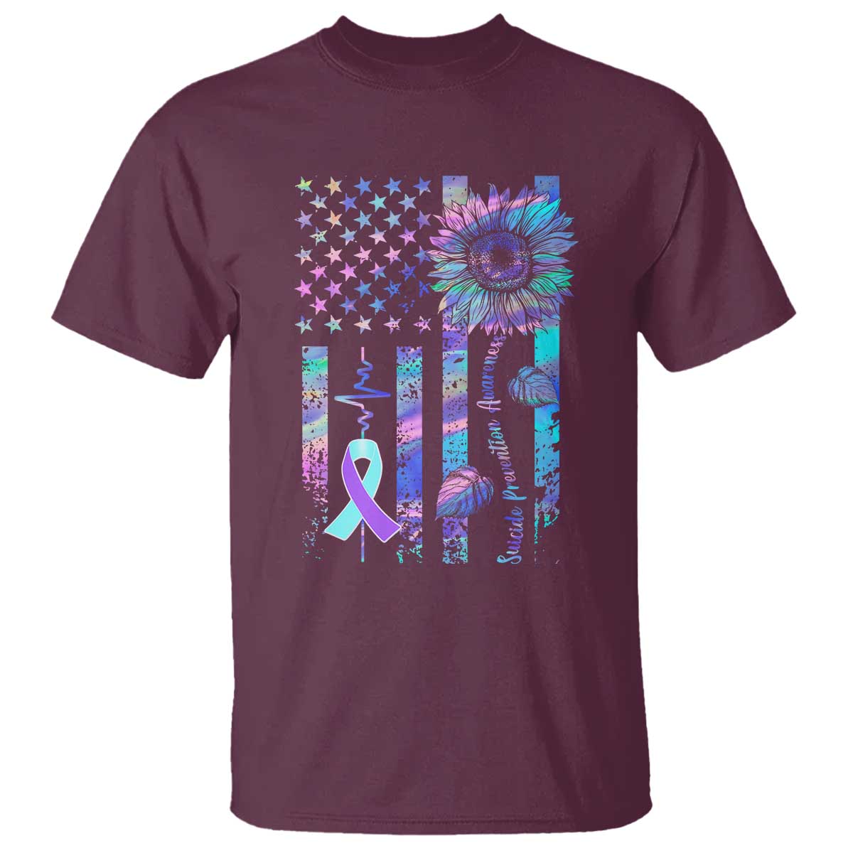 Suicide Prevention Support T Shirt Support Squad Teal And Purple American Flag Sunflower