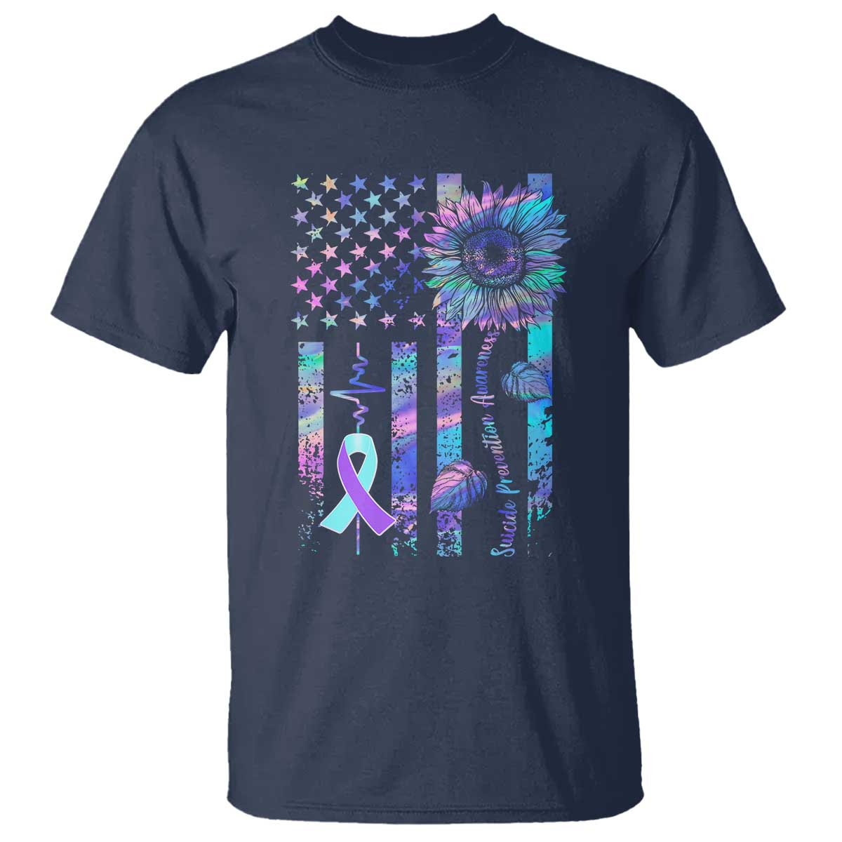 Suicide Prevention Support T Shirt Support Squad Teal And Purple American Flag Sunflower