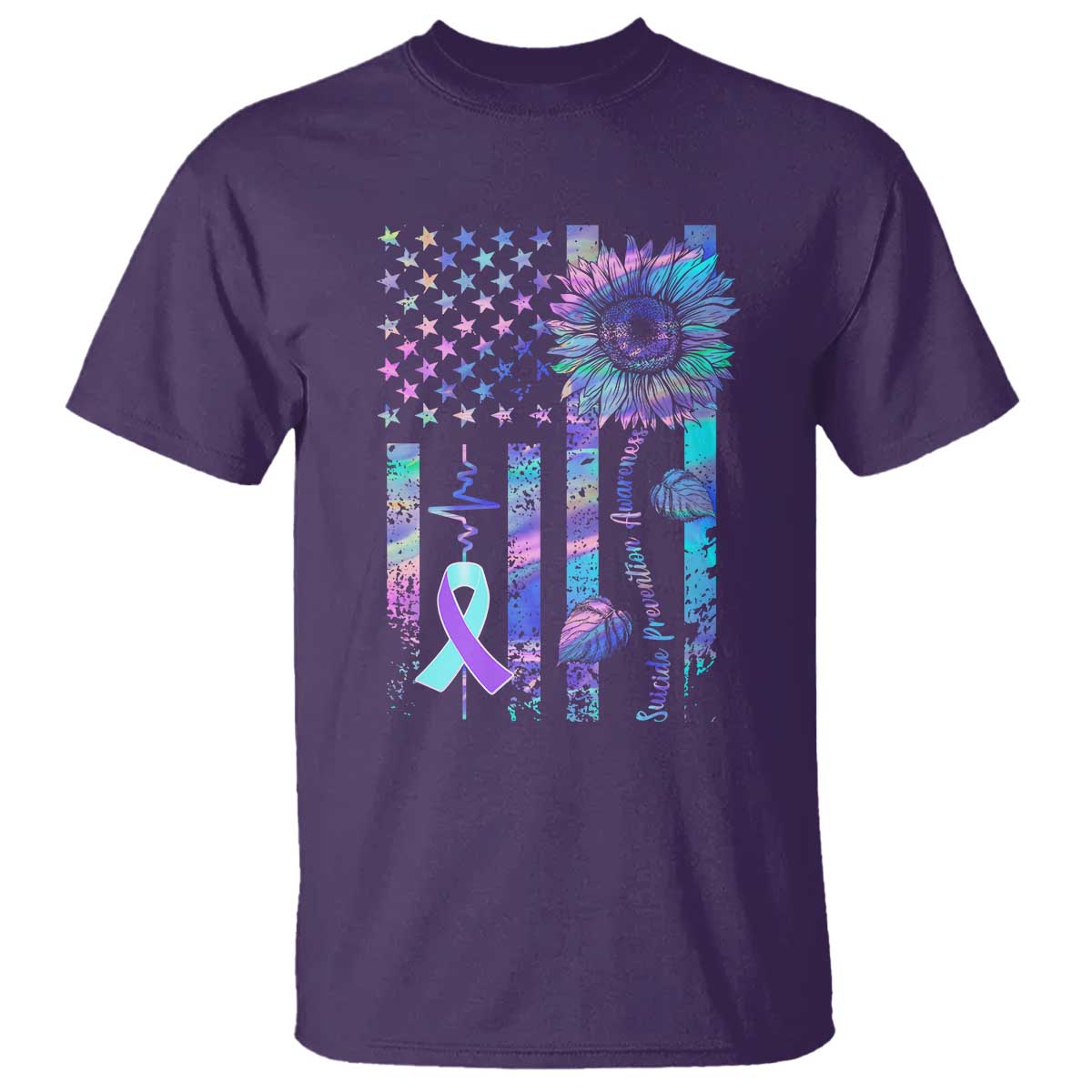 Suicide Prevention Support T Shirt Support Squad Teal And Purple American Flag Sunflower