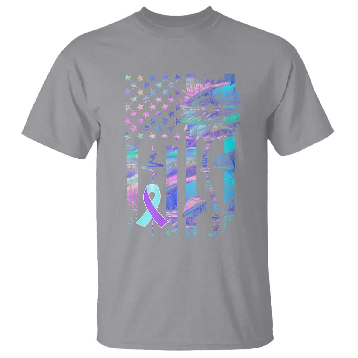 Suicide Prevention Support T Shirt Support Squad Teal And Purple American Flag Sunflower