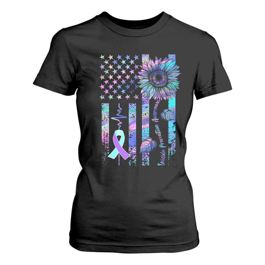 Suicide Prevention Support T Shirt For Women Support Squad Teal And Purple American Flag Sunflower