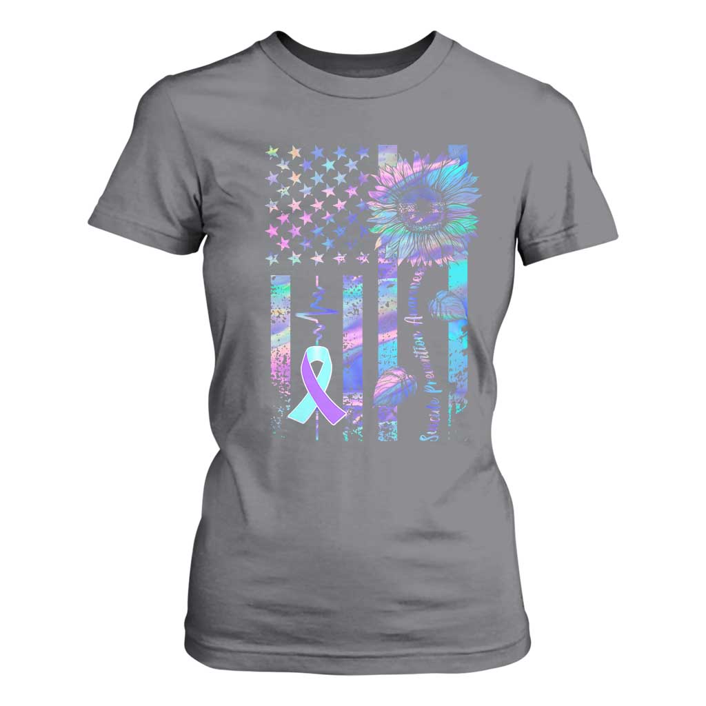 Suicide Prevention Support T Shirt For Women Support Squad Teal And Purple American Flag Sunflower