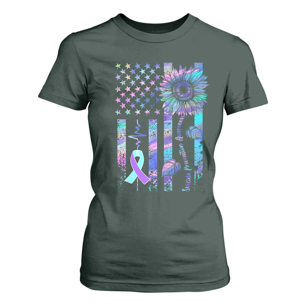 Suicide Prevention Support T Shirt For Women Support Squad Teal And Purple American Flag Sunflower