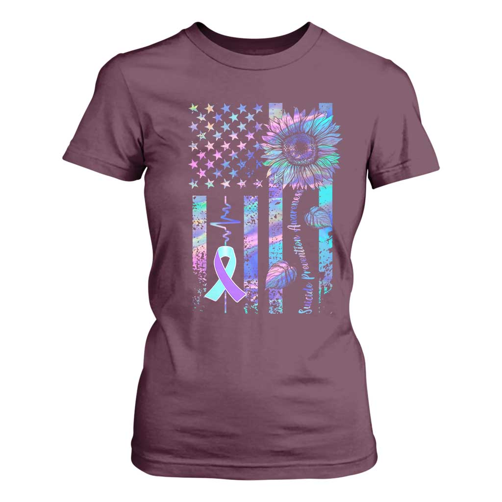 Suicide Prevention Support T Shirt For Women Support Squad Teal And Purple American Flag Sunflower