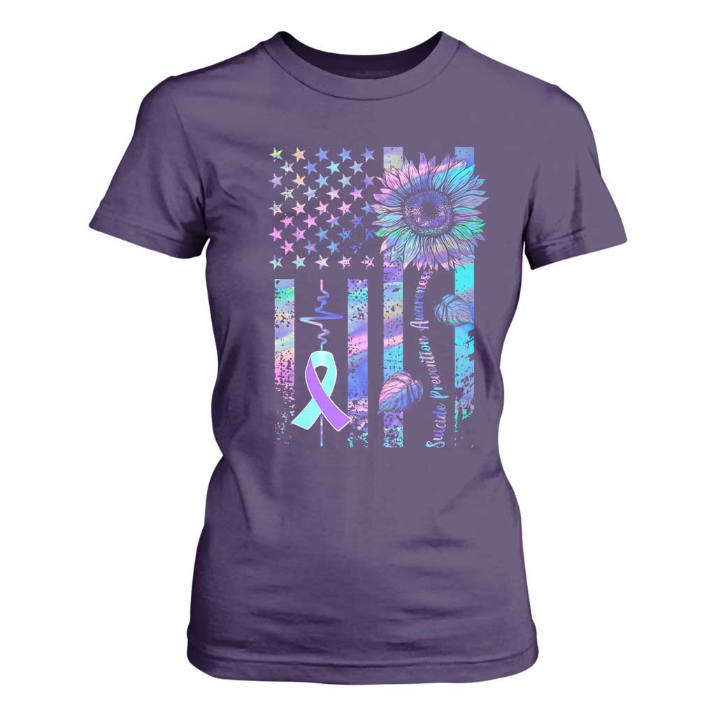 Suicide Prevention Support T Shirt For Women Support Squad Teal And Purple American Flag Sunflower
