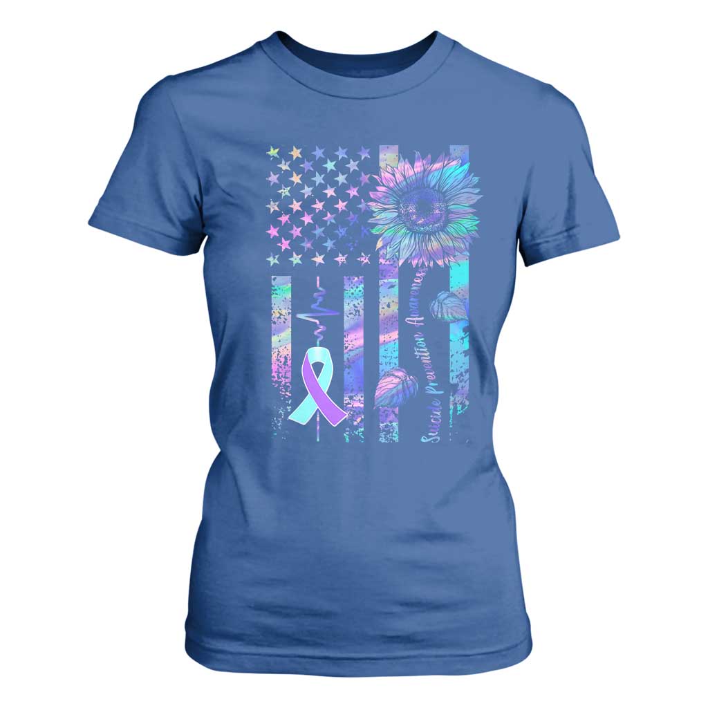 Suicide Prevention Support T Shirt For Women Support Squad Teal And Purple American Flag Sunflower