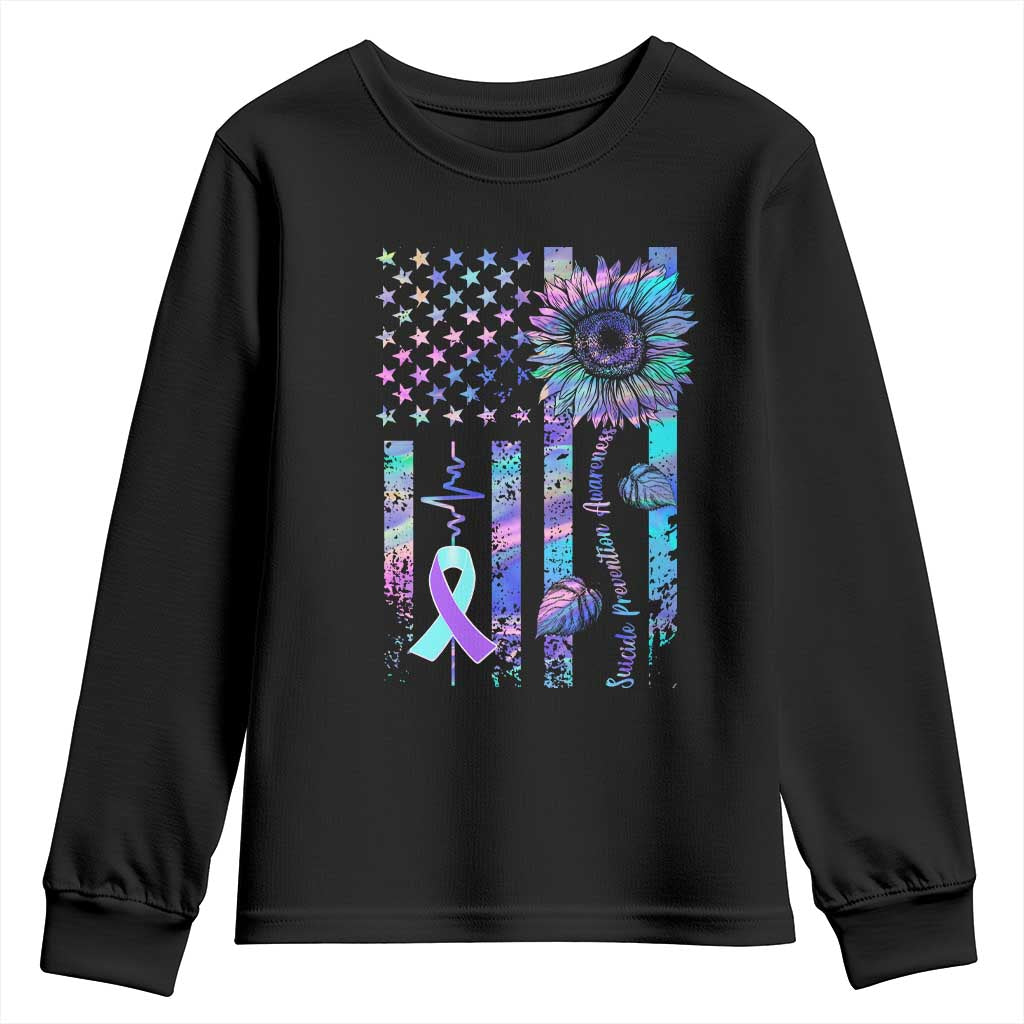 Suicide Prevention Support Youth Sweatshirt Support Squad Teal And Purple American Flag Sunflower
