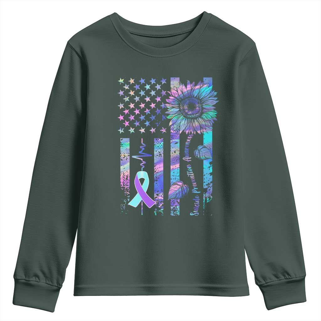 Suicide Prevention Support Youth Sweatshirt Support Squad Teal And Purple American Flag Sunflower