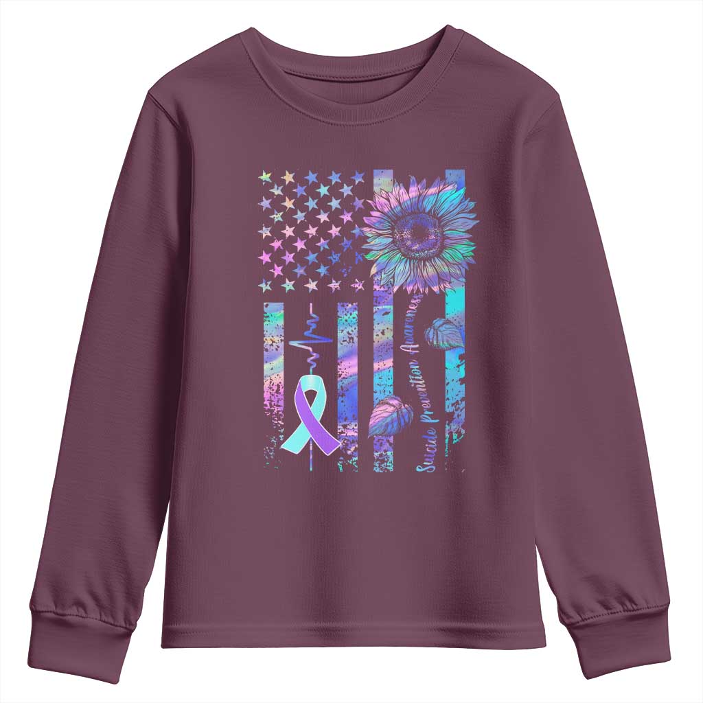 Suicide Prevention Support Youth Sweatshirt Support Squad Teal And Purple American Flag Sunflower