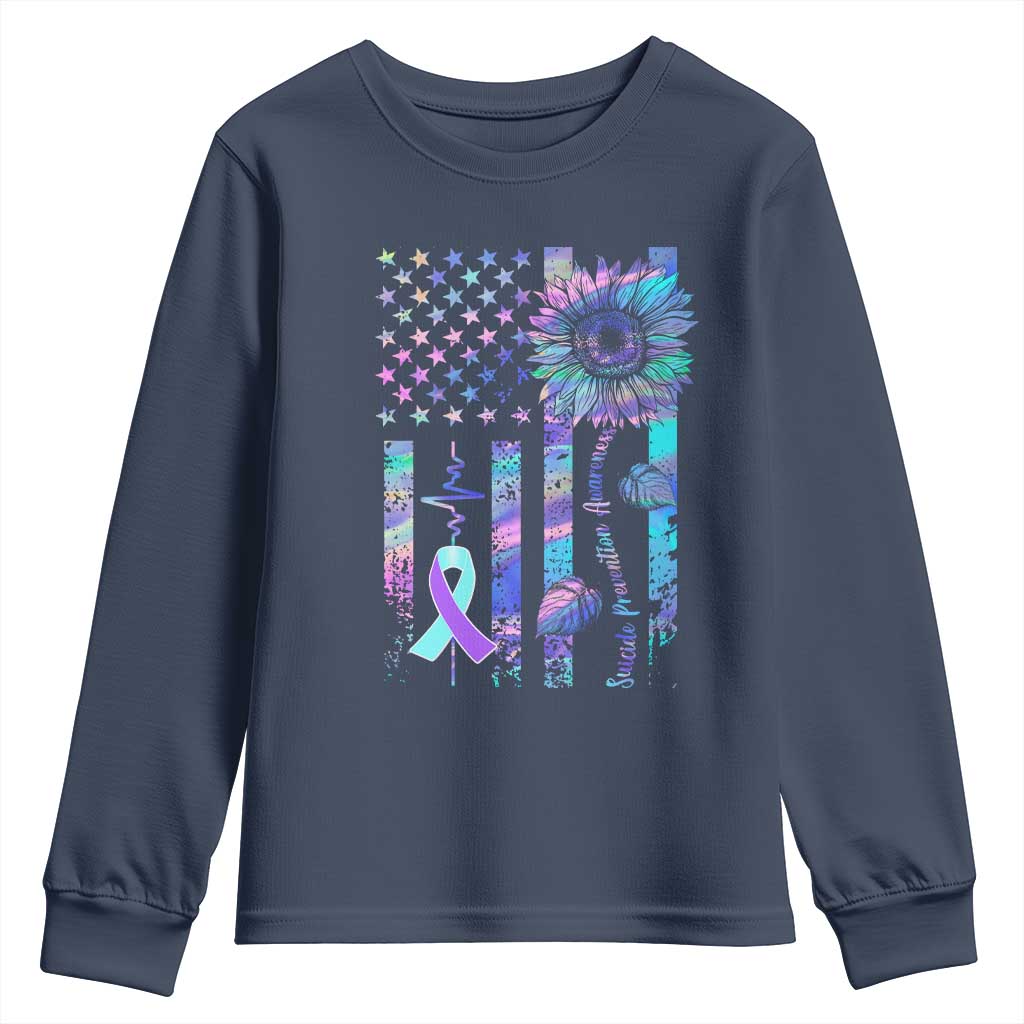 Suicide Prevention Support Youth Sweatshirt Support Squad Teal And Purple American Flag Sunflower