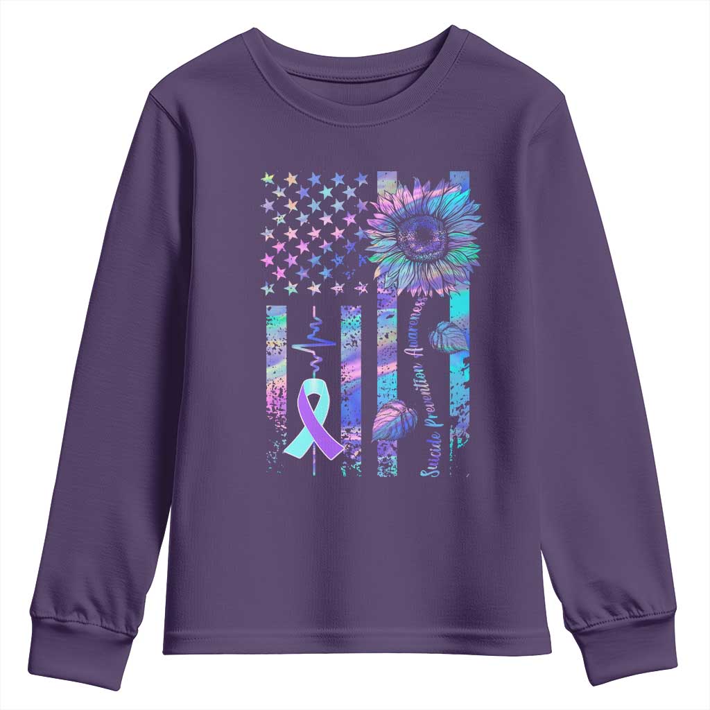 Suicide Prevention Support Youth Sweatshirt Support Squad Teal And Purple American Flag Sunflower