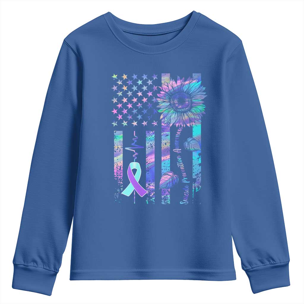 Suicide Prevention Support Youth Sweatshirt Support Squad Teal And Purple American Flag Sunflower