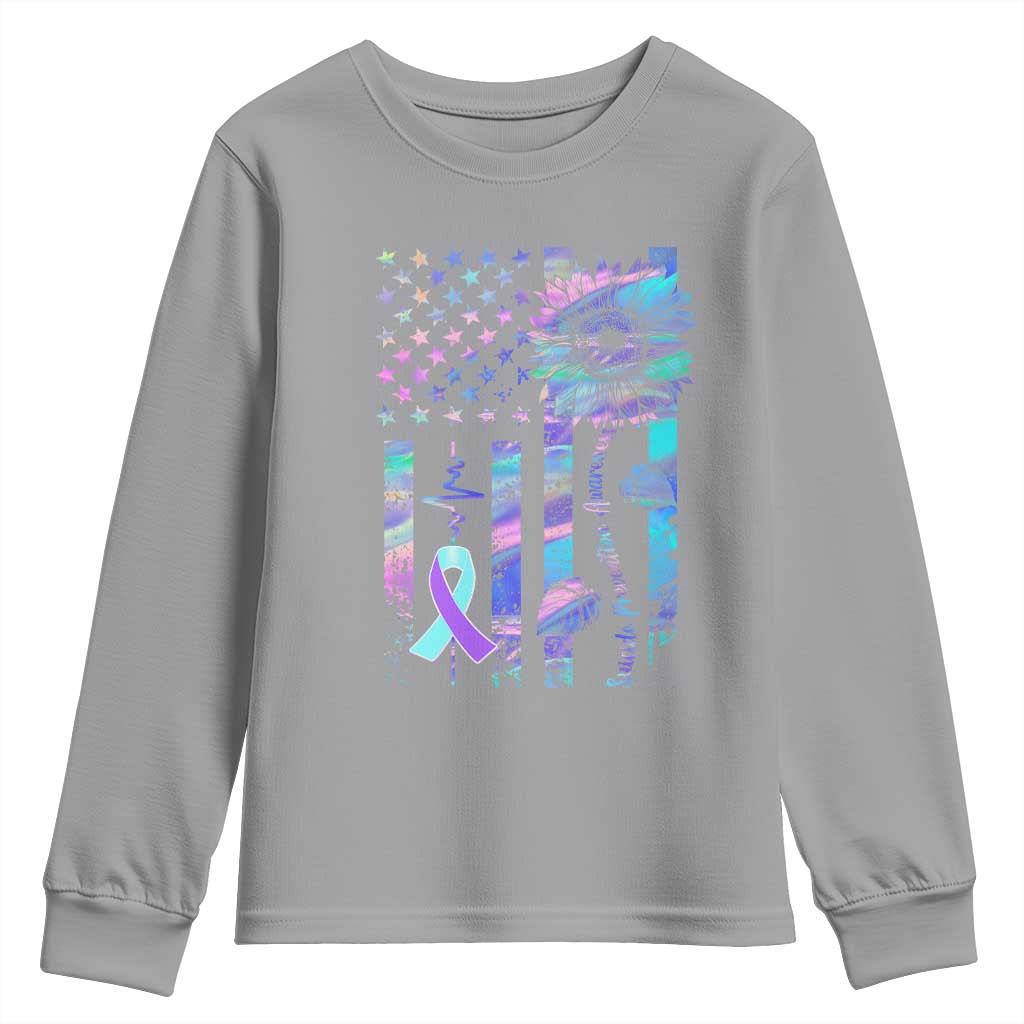 Suicide Prevention Support Youth Sweatshirt Support Squad Teal And Purple American Flag Sunflower