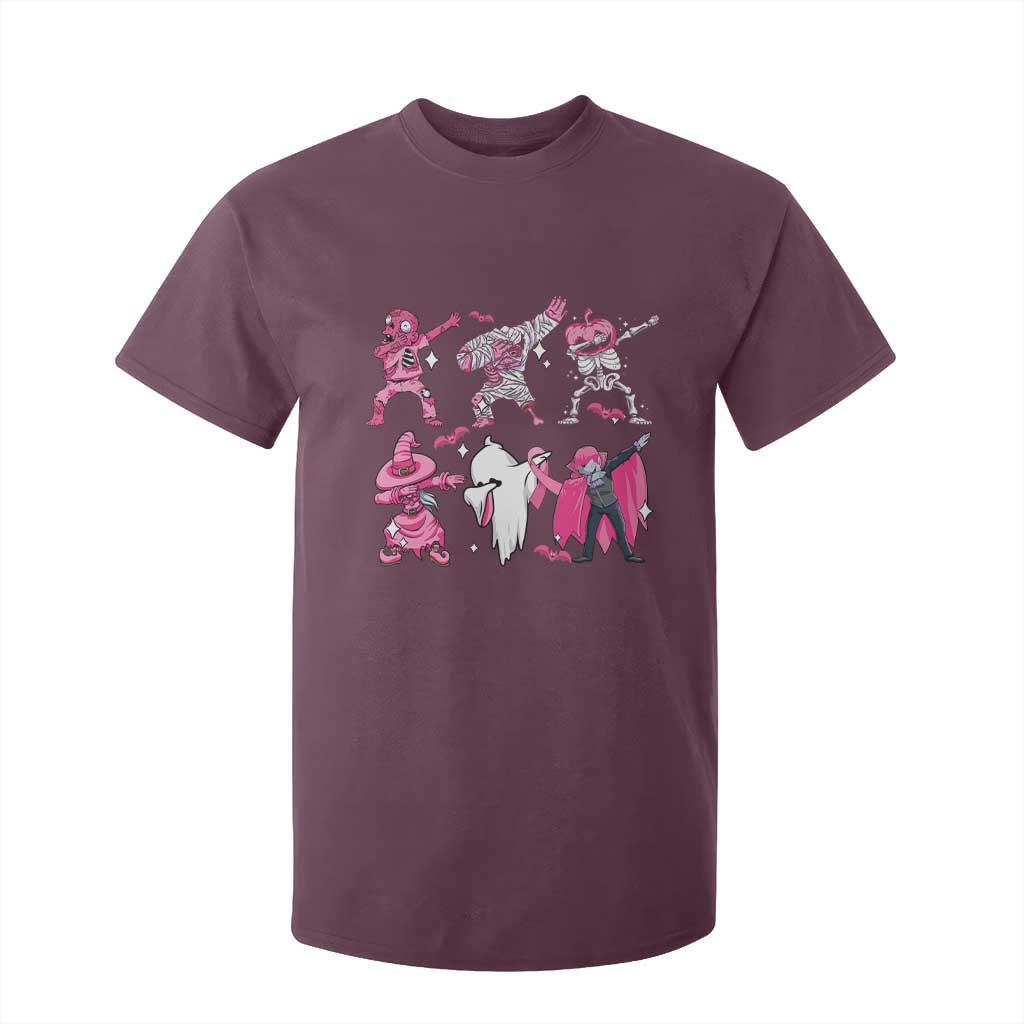 Halloween Breast Cancer Support Squad T Shirt For Kid Dabbing Skeleton Zombie Pink Ribbon