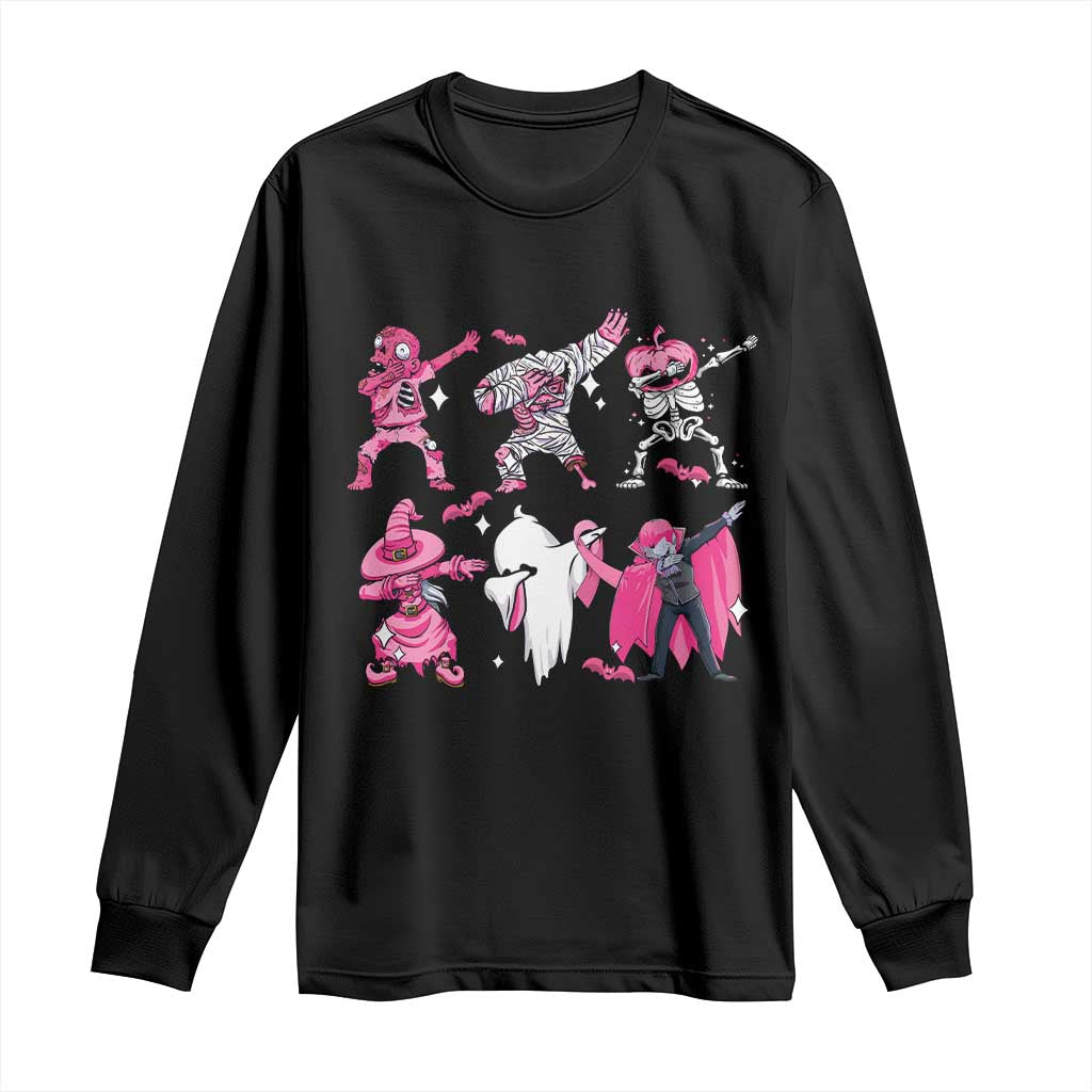 Halloween Breast Cancer Support Squad Long Sleeve Shirt Dabbing Skeleton Zombie Pink Ribbon