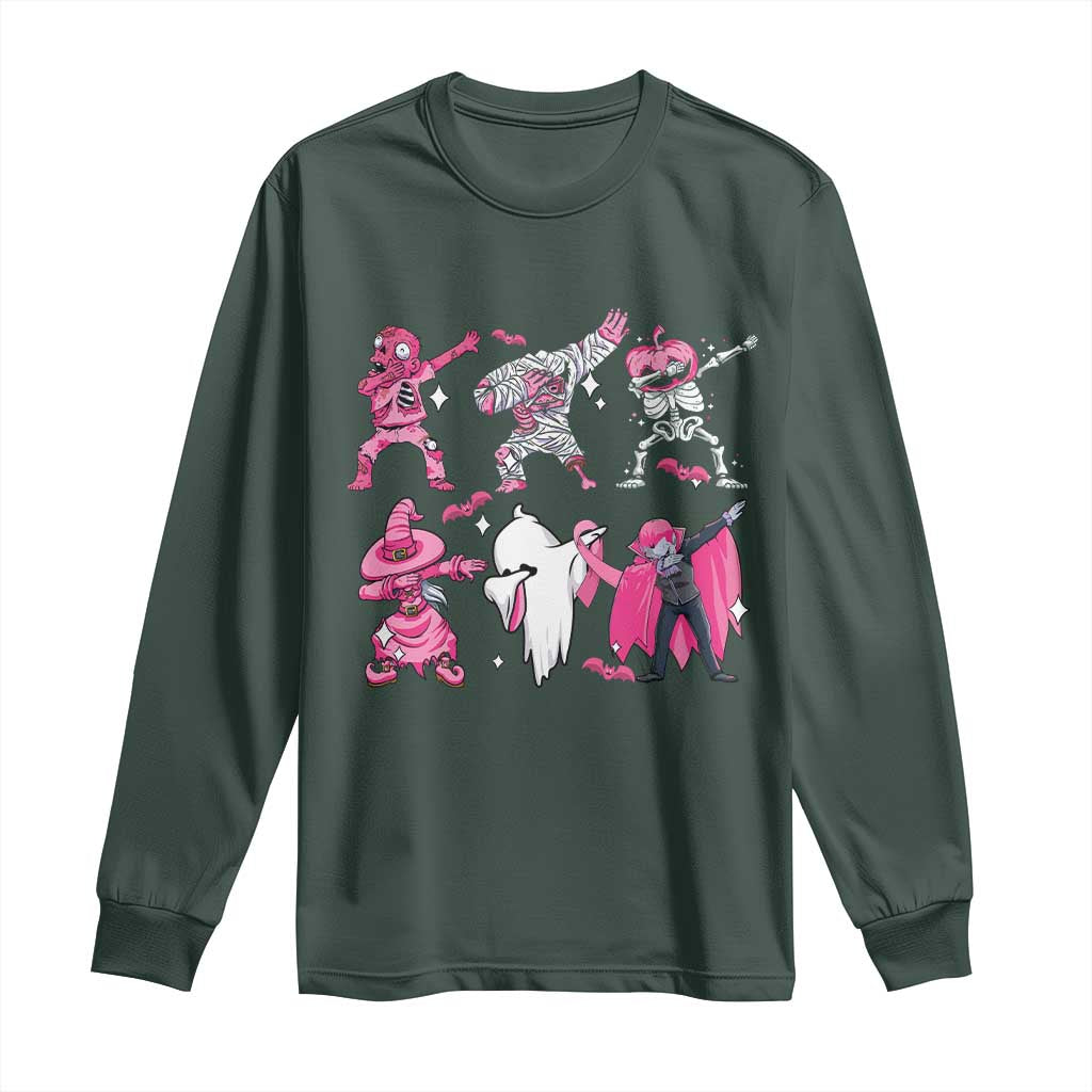 Halloween Breast Cancer Support Squad Long Sleeve Shirt Dabbing Skeleton Zombie Pink Ribbon