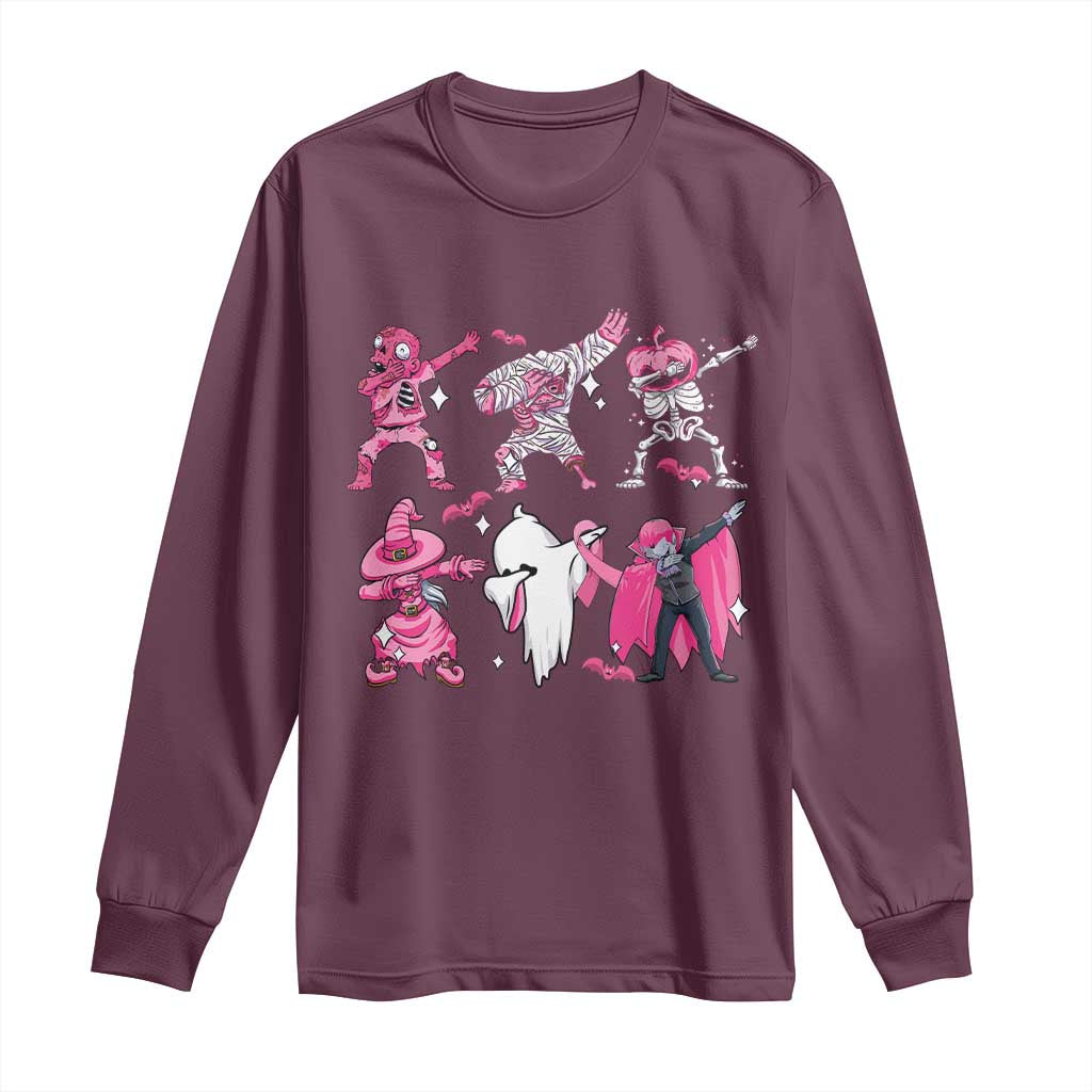 Halloween Breast Cancer Support Squad Long Sleeve Shirt Dabbing Skeleton Zombie Pink Ribbon