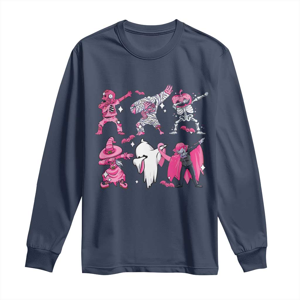 Halloween Breast Cancer Support Squad Long Sleeve Shirt Dabbing Skeleton Zombie Pink Ribbon