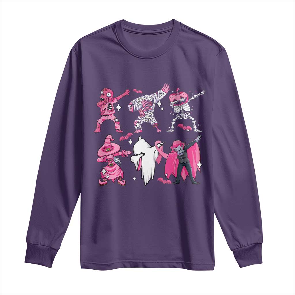 Halloween Breast Cancer Support Squad Long Sleeve Shirt Dabbing Skeleton Zombie Pink Ribbon